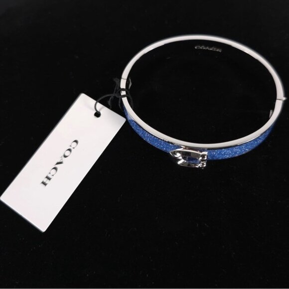 NWT COACH Signature C Logo Hinged Bangle Bracelet Sparkly Blue Enamel & Silver - Picture 5 of 10